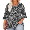 thumbnail image 2 of QQAMB Womens T-Shirts Plus Size 3/4 Sleeve Floral Printed V-Neck Pleated Summer Trendy Tunics Blouses Black 2XL, 2 of 5
