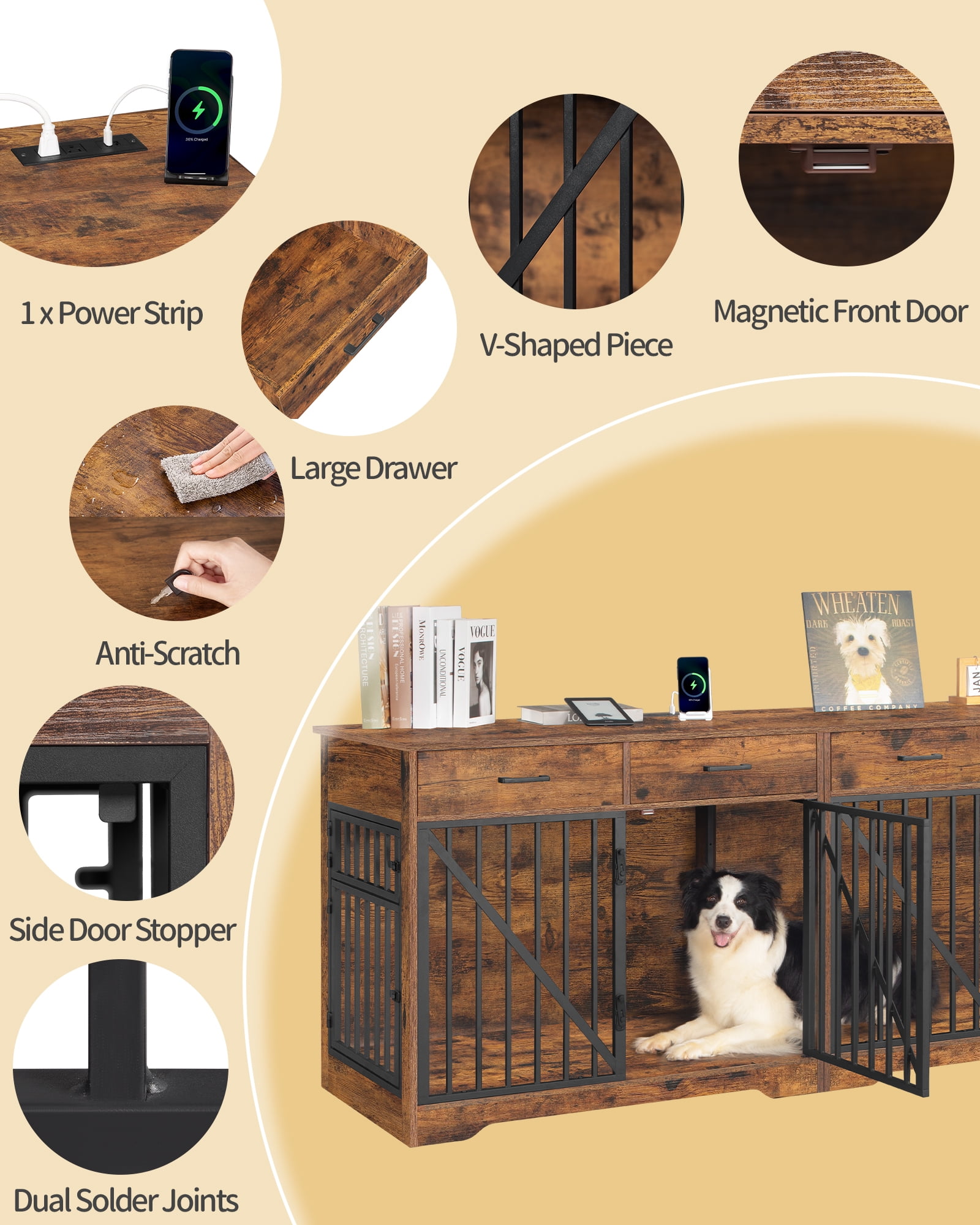 Dog Crate Furniture with 4 storage drawers, charging station, Suitable,Anti-chew,Anti-chew design.
