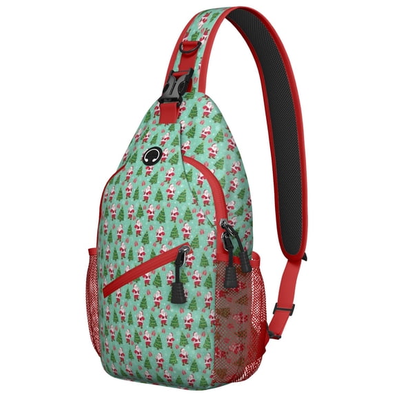 Sling Backpack,Light Blue Christmas Santa and Tree Pattern Sling Bag with Water Bottle Holder,Waterproof Sling Bag for Men/Women with Headphone Jack for Hiking,Travel