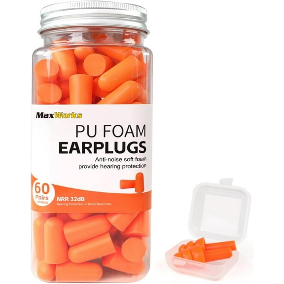 MaxWorks 51063 Orange Ear Plugs – 60 PU Foam   1 Silicone Pair with Case, 38dB SNR, for Sleeping, Working, Shooting