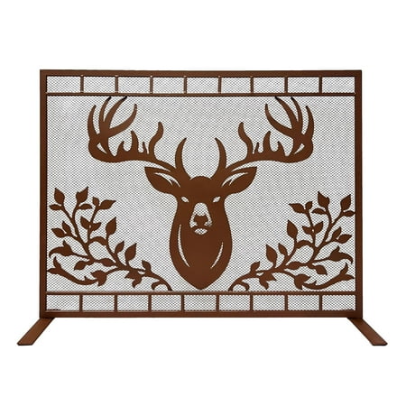

Single Panel Fireplace Screen Decorative with Stag Head Deer Detail - Stand Alone Fireplace Cover Metal Mesh Screen - Home Decor Firescreen for Cabin Lodge Wildlife and Forest Theme