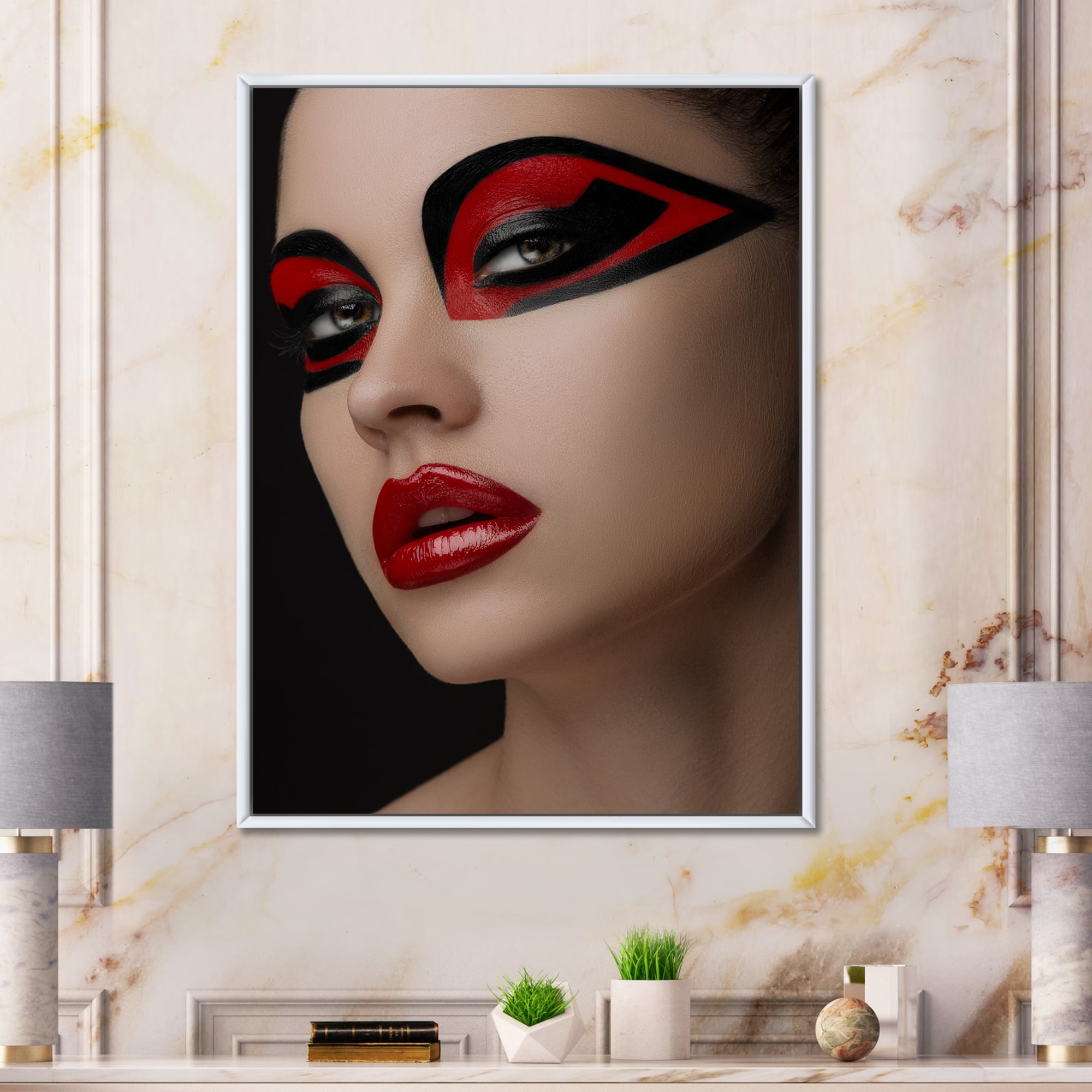 Designart 'Red Lips Black Makeup On The Eyes of Mask Girl' Modern Framed Canvas Wall Art Print