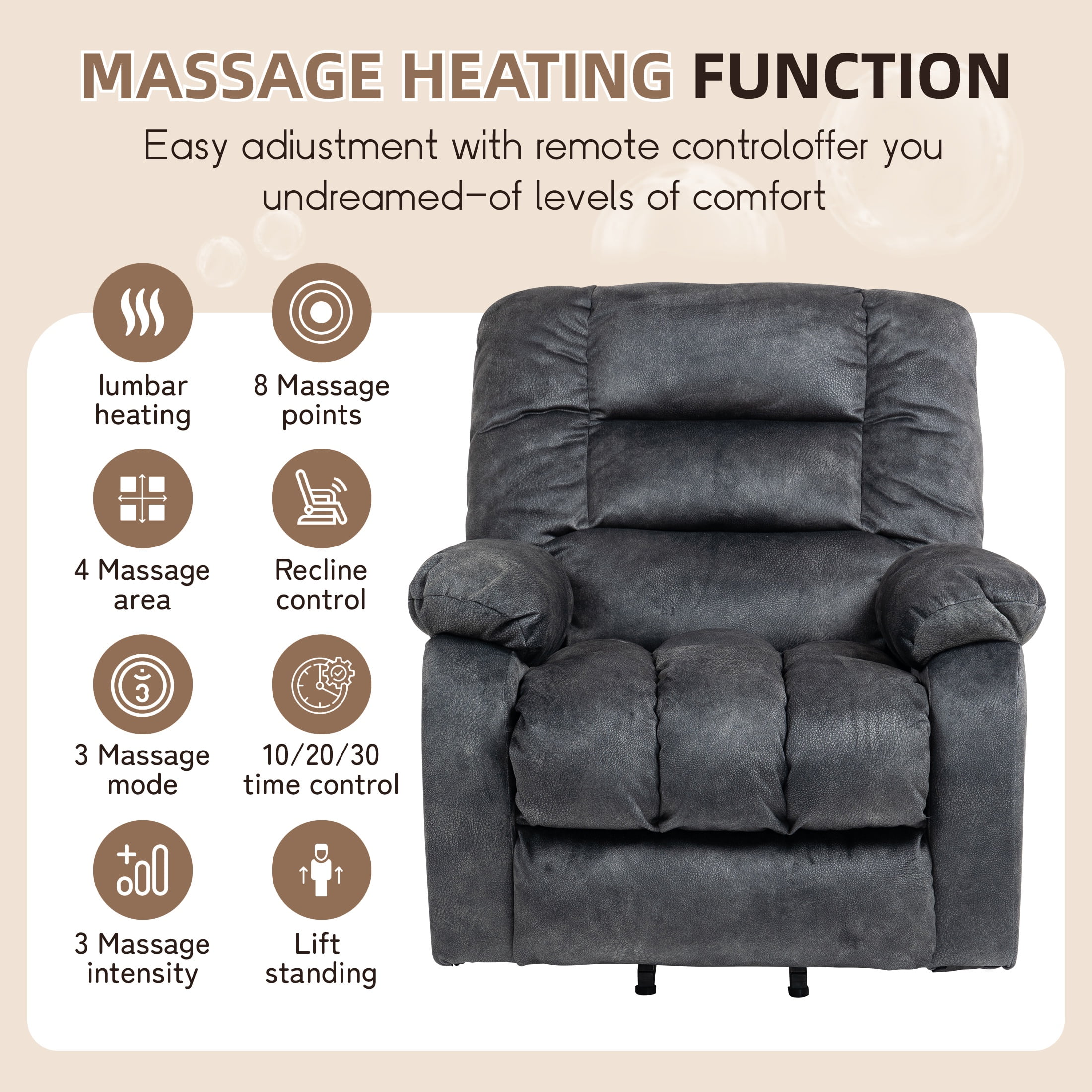 PAPROOS Recliner Chair, Electric Power Lift Recliner with Heat Therapy and Massage Function, Large Size Lift Chair with Remote and Side Pocket, Oversized Power Reclining Sofa, Gray Blue