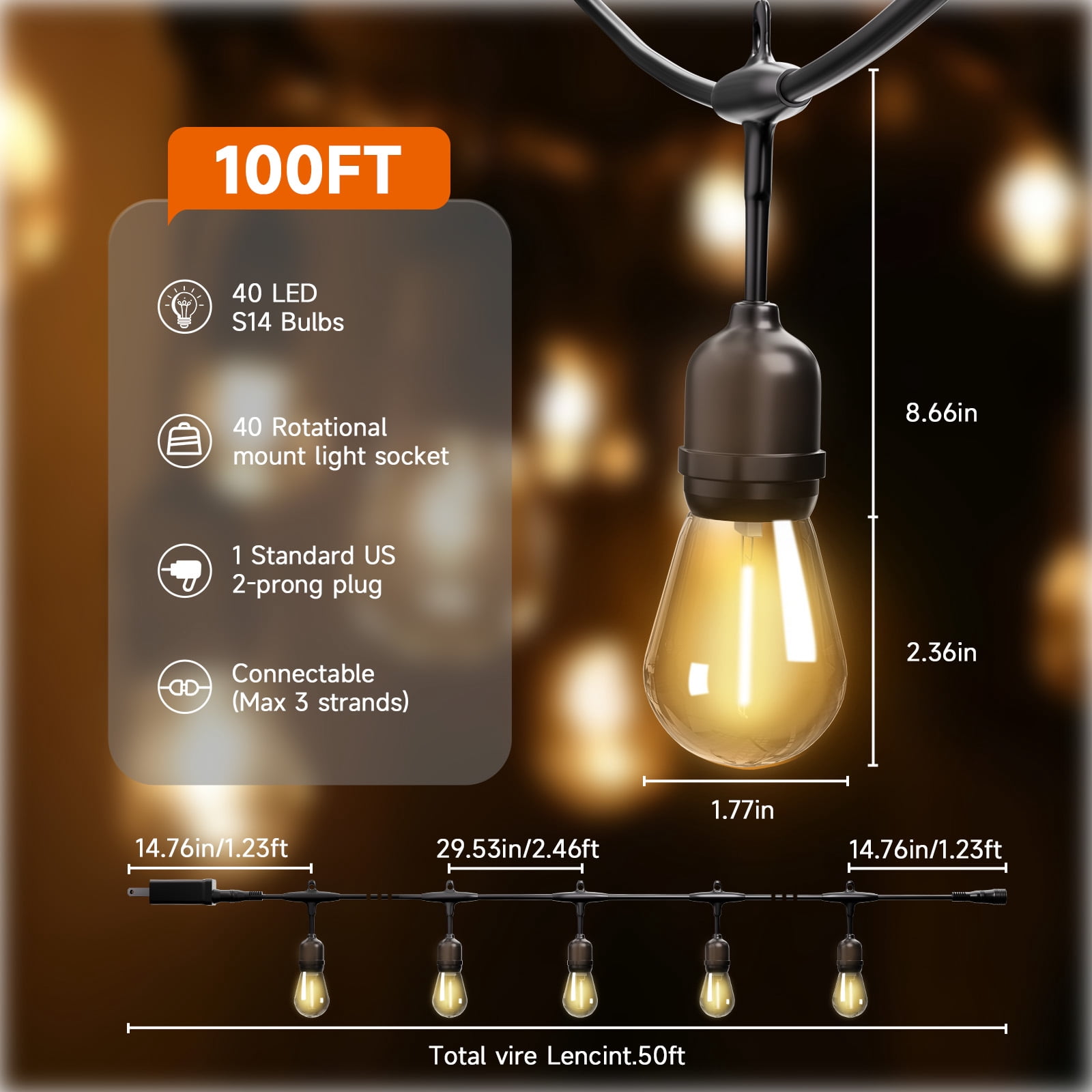 Outdoor Safety String Lights 100FT - 24V 20W Commercial Grade Low Voltage Strand with 40 S14 Shatterproof Bulbs for Tree Garden Yard | Warm Yellow 3500K Party Lights | IP65 Waterproof | UL Listed