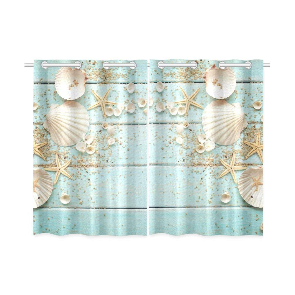 Beach Starfish Sea Shell Decor Window Drapes Short Kitchen Curtains 2 Panels Set 