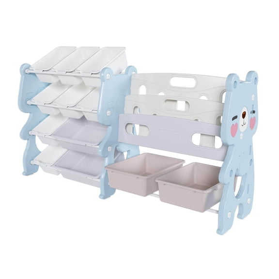 MONTARY Kids Toy Storage Organizer with 2 Tier Bookshelf and 12 Toy Bins, Blue