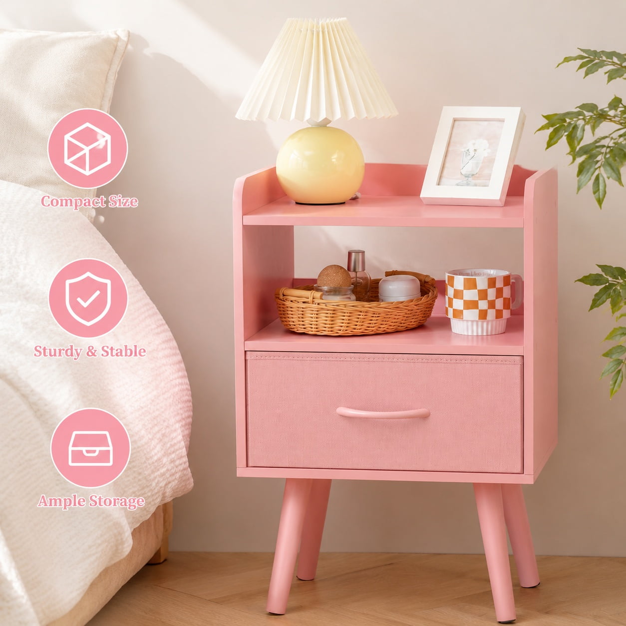 Night Stand with Fabric Drawer Modern Mid Century Bedside Table 2-Tier Open Storage Shelf Small Wood Nightstand for Bedrooms