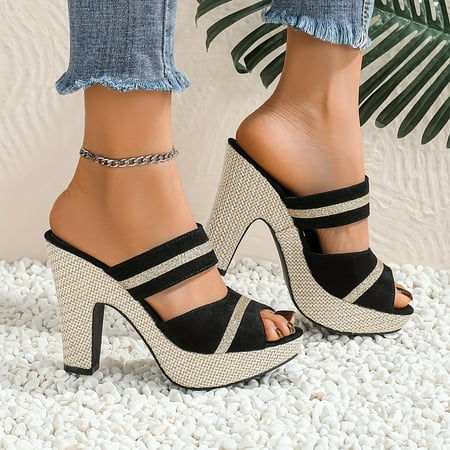 

Women s Solid Color Platform Sandals Sequins Decor Casual Double Bands Slides Versatile Summer Chunky Heels for Music Festival
