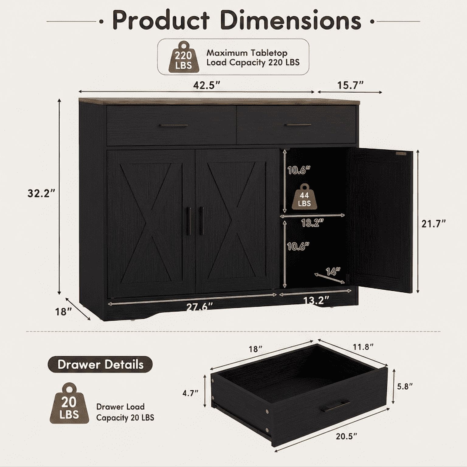 Lacoo Farmhouse Sideboard Buffet Cabinet with 2 Drawers and 3 Doors, Kitchen Storage Cabinet with Adjustable Shelf, Coffee Bar Cabinet for Dining Room and Living Room, Black