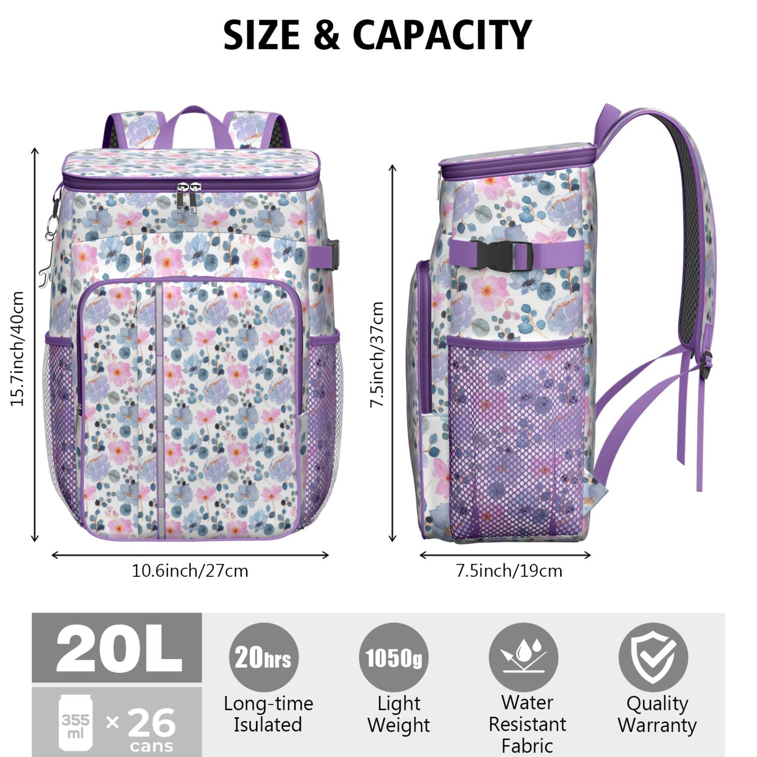 Travel Cooler Bag - Pioneer Flower Floral Print Pattern Camping Beer Cooler Backpack with Bottle Opener- Waterproof Insulated Picnic Backpacks - Cooler Bag for Beach
