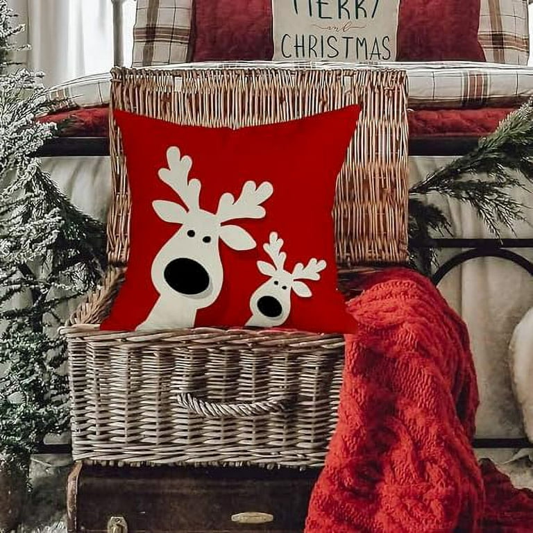 Red and White Christmas Reindeer Throw Pillows Covers 18x18 Inch Christmas Decorations Winter Throw Decorative Pillow Cases Farmhouse Holiday Xmas