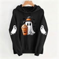 thumbnail image 4 of Women Drop Shoulder Spooky Season Hoodie Drawstring Kangaroo Pocket Fall Halloween Pullover Witch Hat Cute Ghost Pumpkin Spice Drink Bat Front Print Sweatshirt, 4 of 6