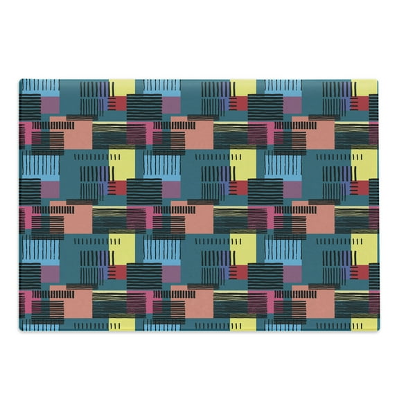 Retro Cutting Board, Hand Drawn Vintage Composition of Geometric Shapes Squares Rectangles and Stripes, Decorative Tempered Glass Cutting and Serving Board, Large Size, Multicolor, by Ambesonne