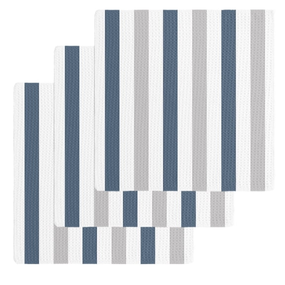 Blue Gray Striped Kitchen Dish Towels for Drying Dishes Set of 3, Farmhouse Stripe Art Waffle Weave Microfiber Hand Tea Bathroom Towels Quick Dry & Absorbent Towel 12x12
