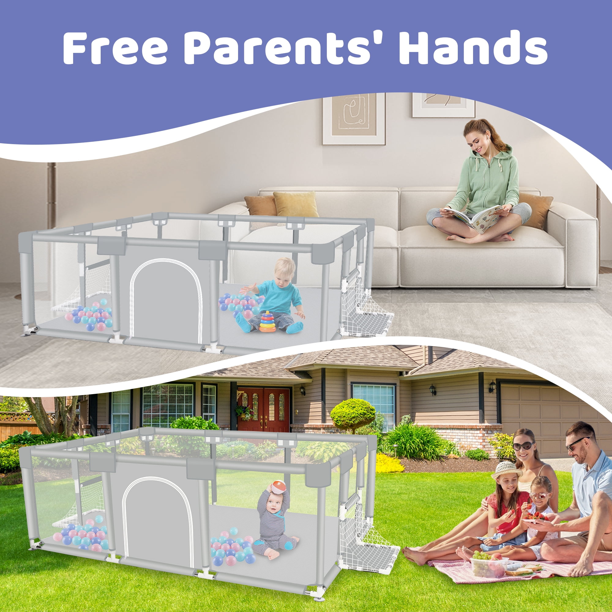 Baby Playpen, HDJ 71 inch Extra Large Baby Play Yard with Soft Breathable Mesh, Play Fence for Infant and Toddlers, Anti-Slip Base, Gray