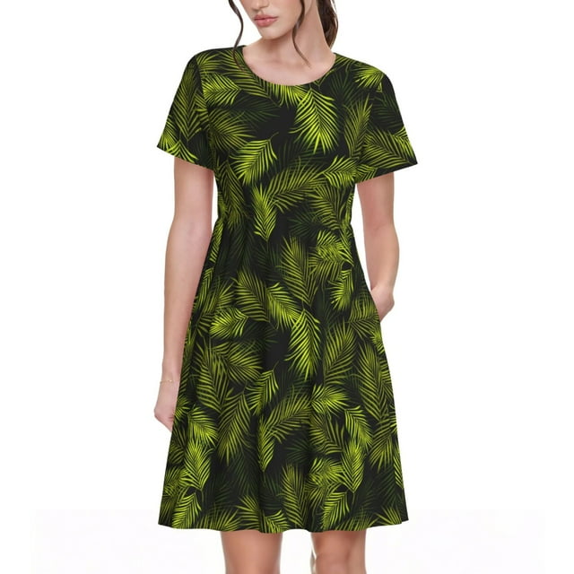 Fotbe Tropical Palm Leaves Fern Leaf Vestido Largo de Moda para Mujer, Vestido Tipo Camiseta con Manga Corta y Estilo Casual a Rayas y Bloques de Color