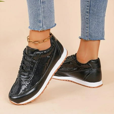 

XDDST Women s Walking Shoes Flat Women s Sequined Casual Sneakers Fashionable Plus Size Comfortable Sneakers Black