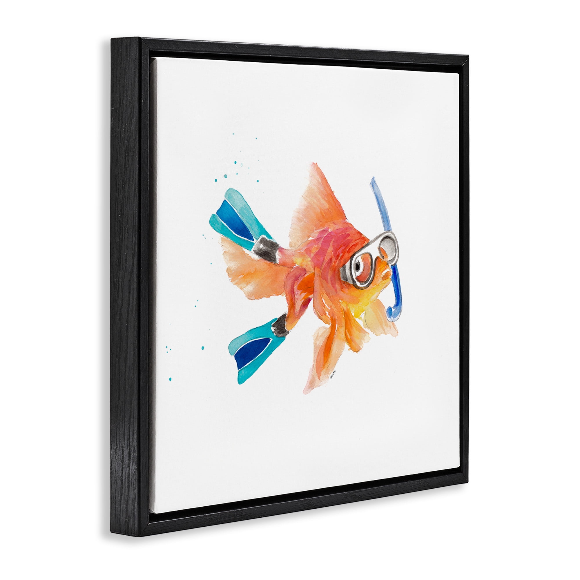 Stupell Industries Goldfish Pet Snorkel Gear Animals & Insects Painting Black Floater Framed Canvas Art Print Wall Art, 18 x 18