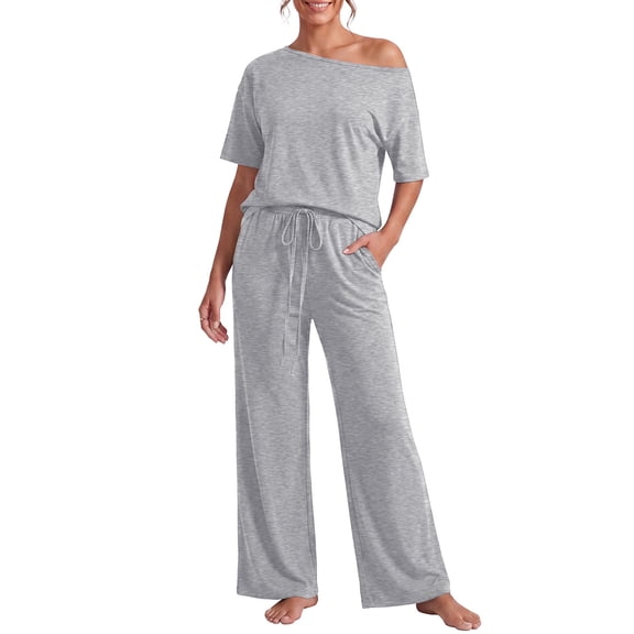 JWD Women's 2 Piece Pajama Set Off-Shoulder Short Sleeve Top And Wide Leg Lounge Pants Soft Cozy Sleepwear Loungewear Light Gray L