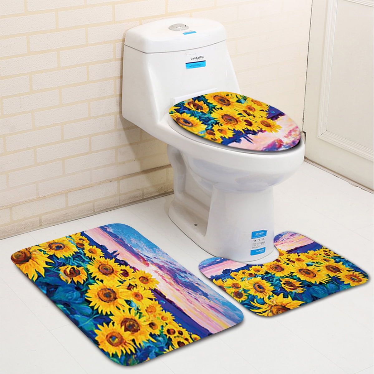 3Pcs Sea Beach Bathroom Non-Slip Pedestal Rug+Lid Toilet Cover+Bath Mat Set