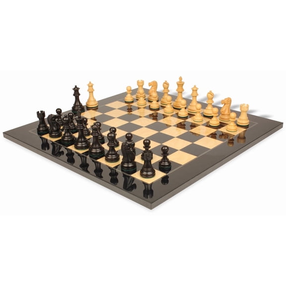 Deluxe Old Club Staunton Chess Set Ebonized & Boxwood Pieces with Black & Ash Burl Board - 3.75" King