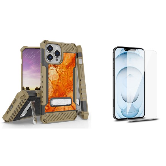 Bemz iPhone 13 Pro Max Bundle: Tri Shield Shockproof Armor Rugged Case (Amber Marble), Premium Glass Screen Protectors (2-Pack)
