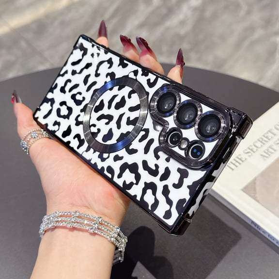 for Samsung Galaxy S25 Ultra Case Leopard Print Magnetic with Lens Protector, TPU Plating Shockproof Anti-Scratch Slim Fit Phone Cover for Women Girls, Lightweight Drop Protection Back Case, White