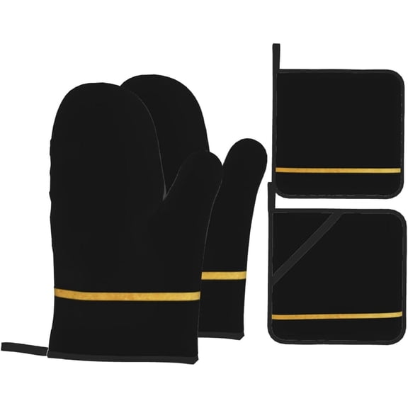 Sleek Black with Gold Stripe Kitchen Baking Insulation Set (4 Pieces) - Oven Mitts and Heat Pad with Lanyard for Cooking