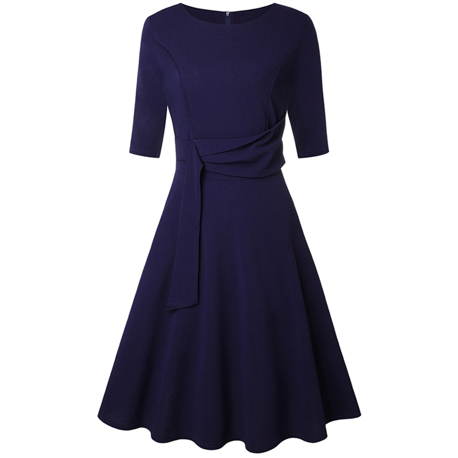Women Round Neck Dress Slim Fit Half Sleeve Antique A Line Dress Elegant For Vacation For Dating For Lady Navy Blue XL