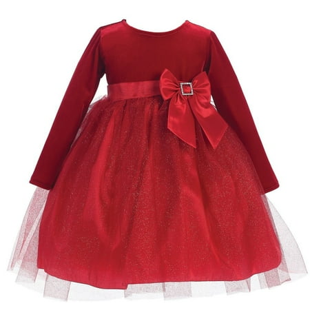 Little Girls Red Velvet Bow Accent Glitter Tulle Occasion Dress 2T-6