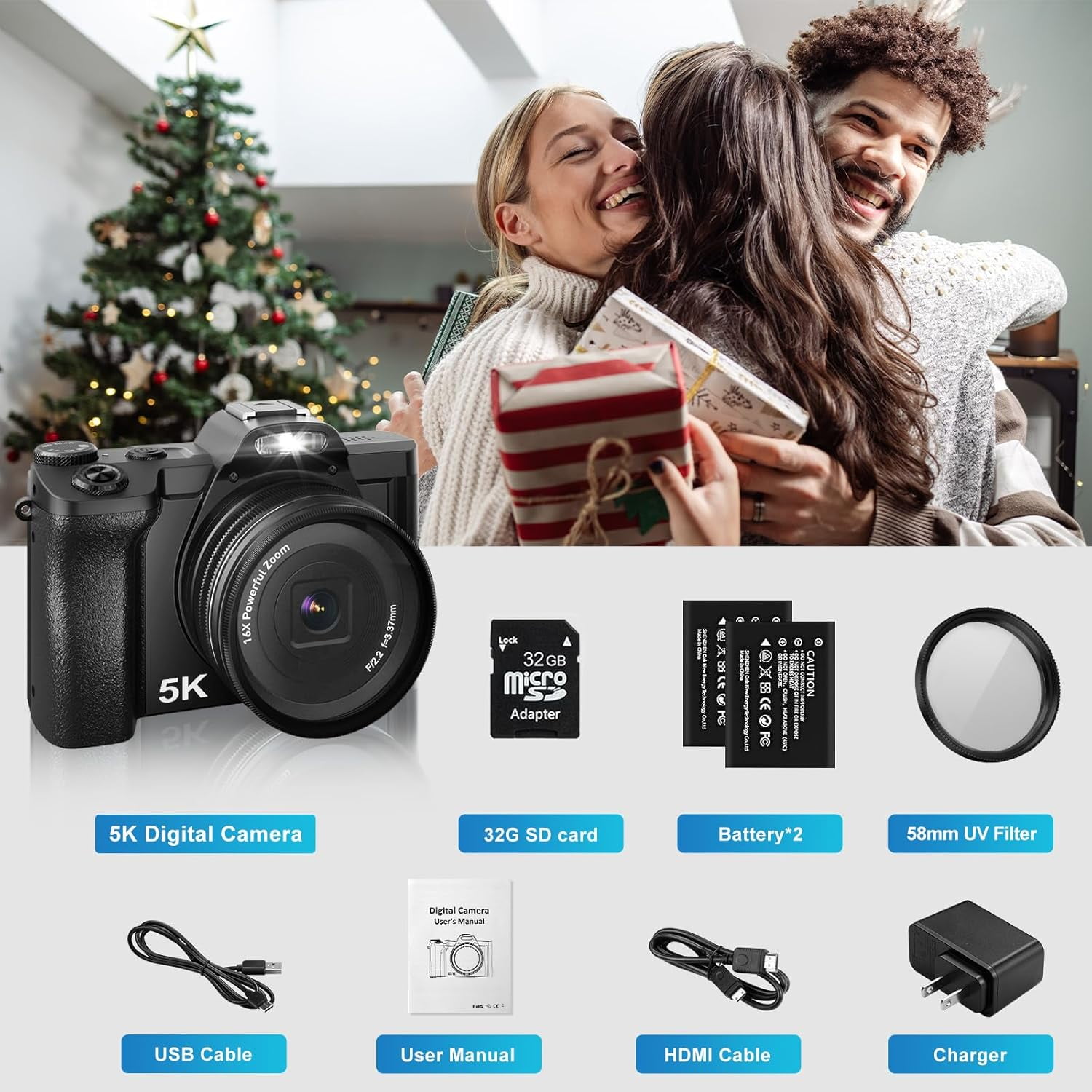 5K Digital Camera WiFi Autofocus Vlogging Camera for YouTube 48MP Camera for Photography and Video, 3.5" Screen Travel Camera with UV Filter, Anti-Shake,16X Digital Zoom,32GB SD Card,2 Batteries