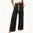 thumbnail image 5 of Women Waffle Knit Drawstring Elastic High Waist Wide Leg Cargo Pants, Multi Pockets Full Length Casual Sports Streetwear Trousers Black L(L), 5 of 7