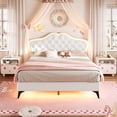 thumbnail image 2 of Queen Size Bed Frame with Adjustable Headboard,Crystal Button, Upholstered Platform Bed with LED Lights for Girls, Solid Wood Slats Support, No Box Spring Needed, Beige, 2 of 8