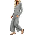 thumbnail image 6 of TEAJOPSUU Womens Waffle Knit Jumpsuit Long Sleeve Button Henley Neck Wide Leg Long Romper with Pockets Casual Loungewear Gray, 6 of 7