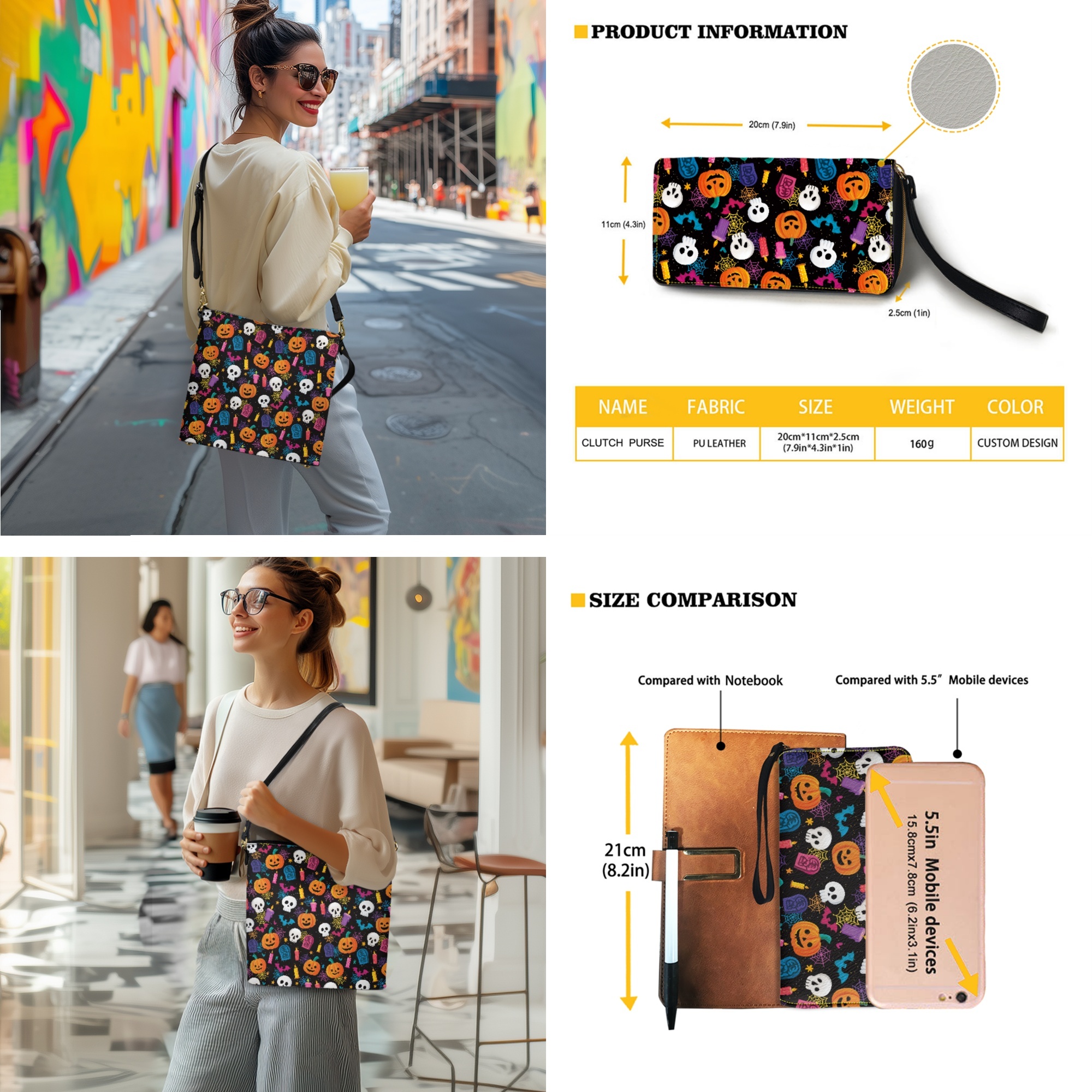 ZUXONGSY Bat Pumpkin Skull Print Crossbody Hobo Bag with Wallet Set for Women Waterproof Crossbody Handbag with Leather Wallet Fashion Bucket Bag Tote Purse Set for Travel
