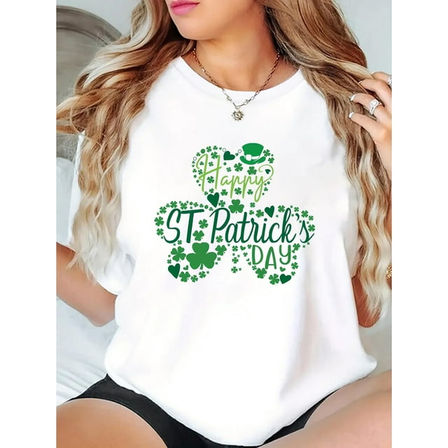 Women'S Short Sleeve St. Patrick'S Day T-Shirt, Casual Crew Neck Tee with Green Clover Print, Polyester Blend Fabric with Spandex, Comfortable Knit with Medium Stretch, All-Season Wear
