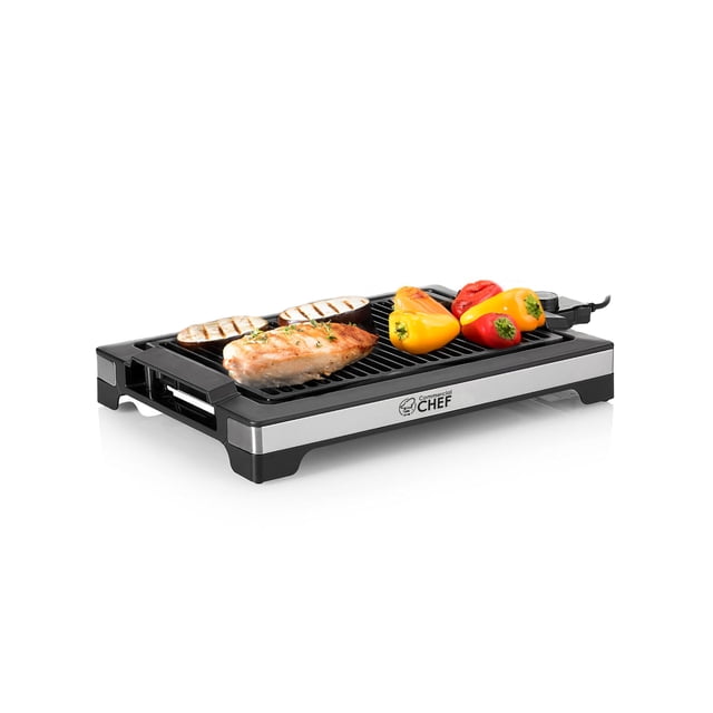 COMMERCIAL CHEF Parrilla Interior para Mesa, Encimera o Cocina, Parrilla Eléctrica 1600W con Control de Temperatura Ajustable, Parrilla Portátil de Acero Inoxidable y Negro para Uso Interior