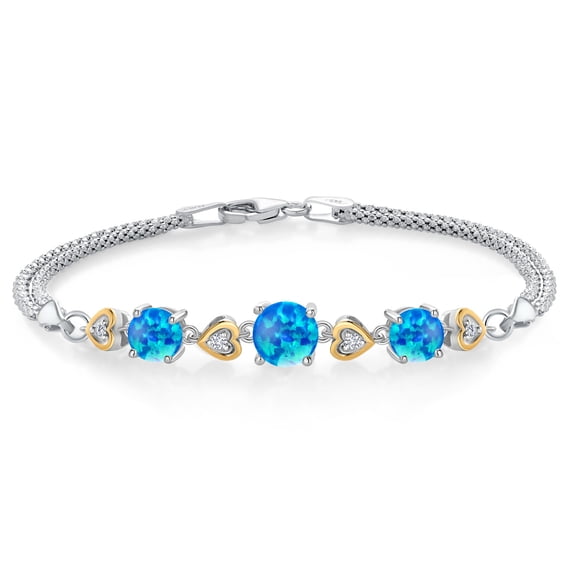 Gem Stone King 925 Sterling Silver and 10k Yellow Gold Blue Simulated Opal and White Lab Grown Diamond Bracelet for Women (2.44 Cttw, Round 7MM and 6MM, 6.5/7/7.5 inch, Made in Italy)