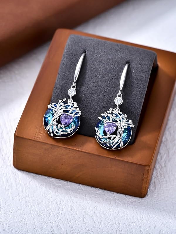 JKR Tree of Life Birthstone Earrings for Women 925 Sterling Silver Family Tree Dangle Earrings Austrian Crystal Jewelry Birthday Gifts for Her Girlfriend Wife Mom