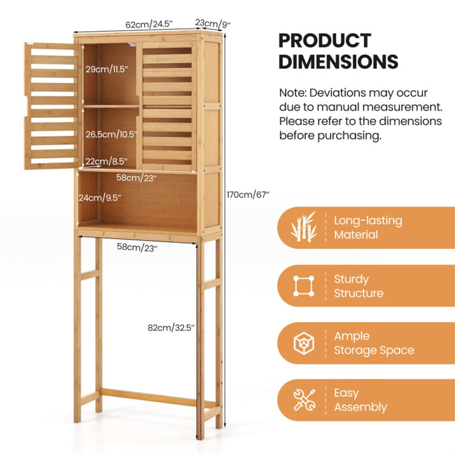 Demi Bonn Bamboo Over The Toilet Storage Cabinet, Tall Bathroom Cabinet Organizer with Cupboard and Adjustable Shelves for Laundry Room, Balcony, Natural