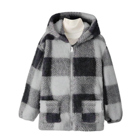 Jacket for Girls Plaid Zipper Long Sleeve Thick Warm Outerwear Cute Hooded Girls Jacket 10-11 Years