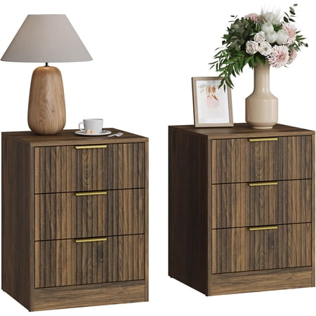 Fluted Nightstand Set of 2 Night Stand with 3 Drawers Walnut丨Modern Bedside Table with Metal Curved Handle Wood Multi-Use End Table for Bedroom Sofa Side Office