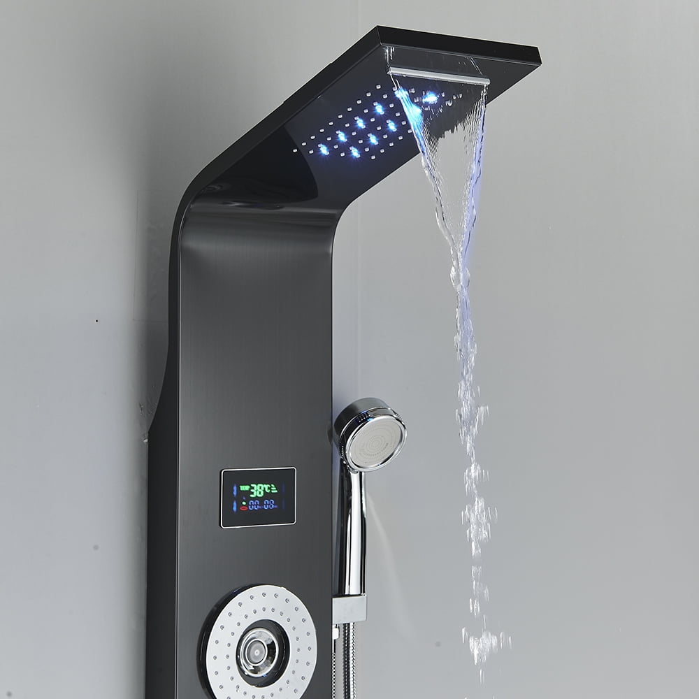 Black LED Shower Panel Tower Rain Shower System Massage Body Jets Faucet Mixer