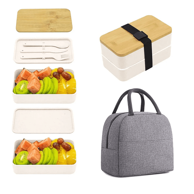 Set De Lonchera 2niveles Con Bolsa De Almuerzo Y Cubiertos Xtellar blanco