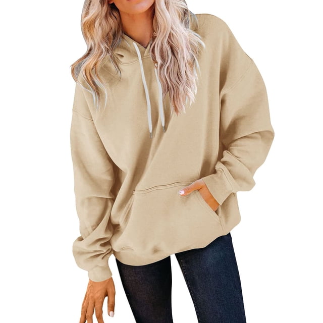Chandails à Capuchon et Chandails pour Femmes, Chandail à Capuchon Décontracté pour Femmes avec Poche, Manches Longues, Cordon de Serrage, Haut à Capuchon Beige