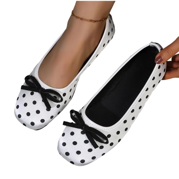Gpaecead Women's Bow Polka Dot Ballet Flats Slip On Lightweight Cushioned Non Slip Shoes For Commute And Casual, B-White