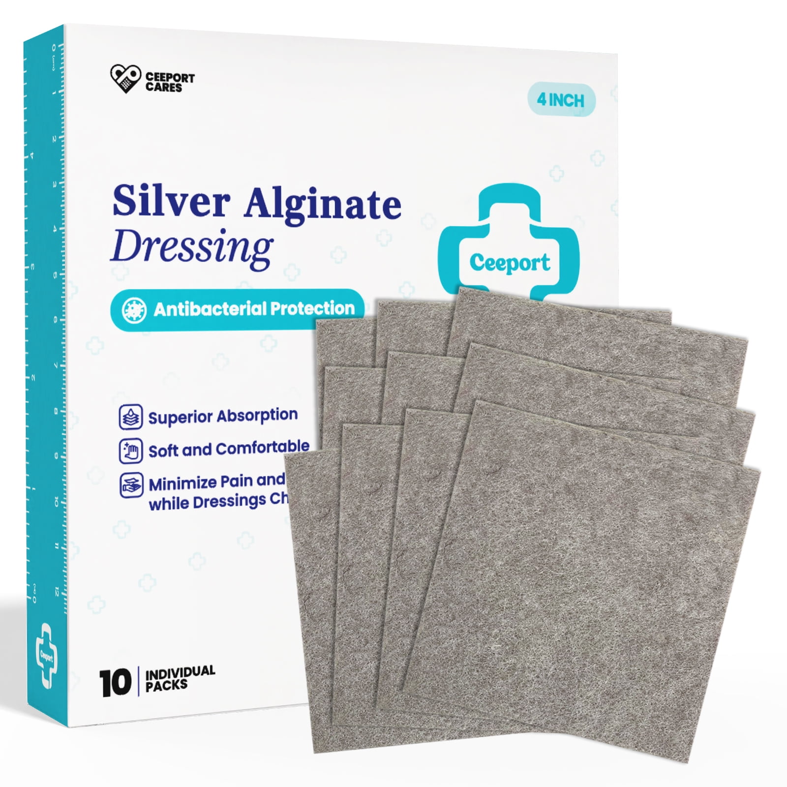 Ceeport Upgrade Silver Calcium Alginate Wound Dressing Pads, 4''x4'' Patches, 10 Individual Pack, Soft Silver Dressings for Wound Care, Gentle Highly Absorbent Dressing