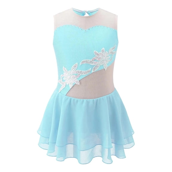 Kids Gymnastics Leotard For Girls Sleeveless Patchwork Shiny Floral Roller Ice Figure Skating Dress