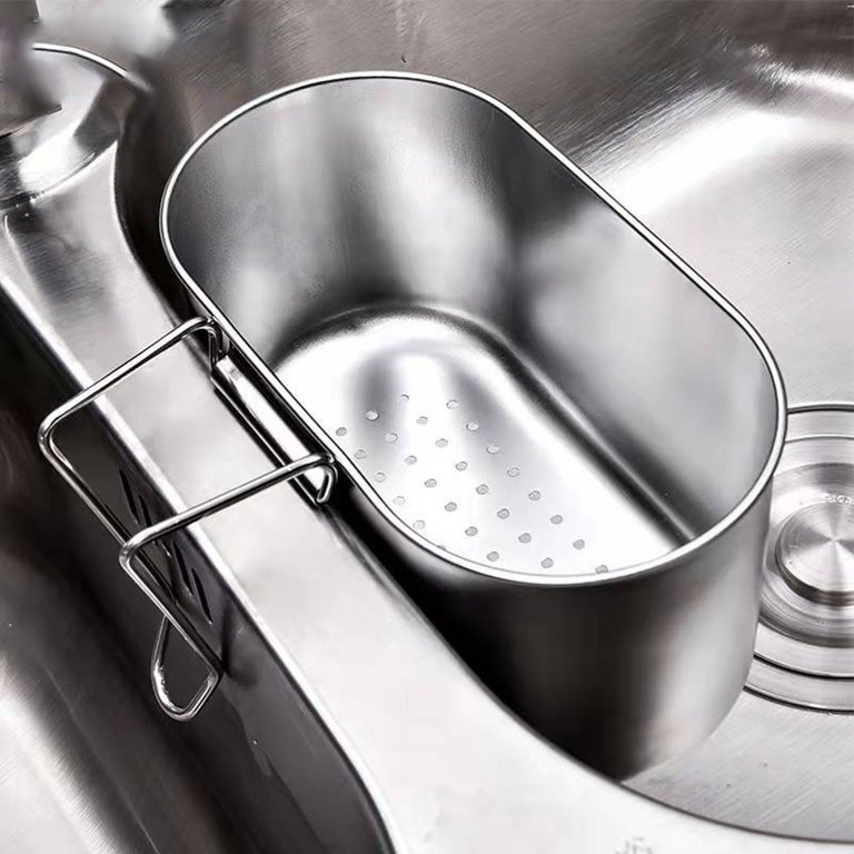 Stainless Steel Sink Drain Holder Basket Strainer – 304 Rustproof Multi-Use For Washing Veggies, Draining Pasta, And Storing Sponges (Silver/Black, 7.09 X 3.94 X 3.54 Inch)