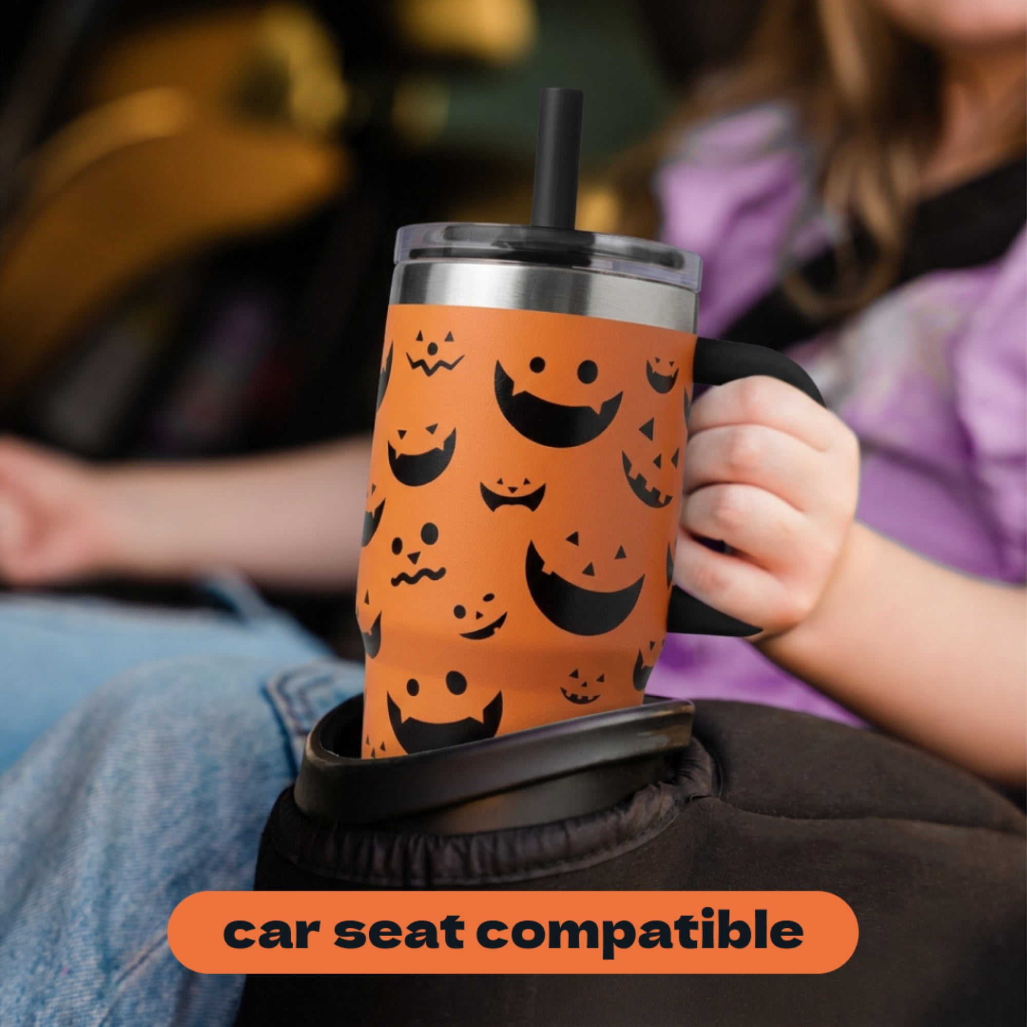 YAYA My First Travel Tumbler for Preschool & Kids 3+, Insulated Stainless Steel Tumbler with Reusable Silicone Straw & Spill-Proof Lid, Cup Holder Compatible, BPA-Free, 12oz, JackOLantern